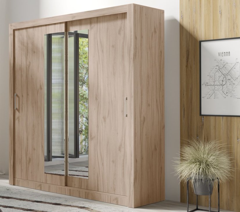 skříň do ložnice s posuvnými zrcadlovými dveřmi In Box dub estana 200 cm