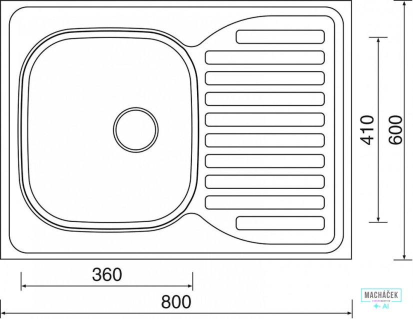 Celoplošný nerezový dřez Sinks CLP-D 800 – 80 × 60 cm nákres, rozměry